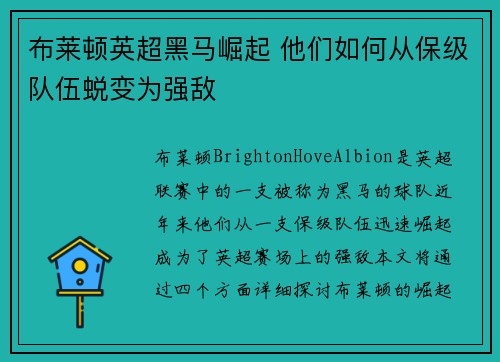 布莱顿英超黑马崛起 他们如何从保级队伍蜕变为强敌
